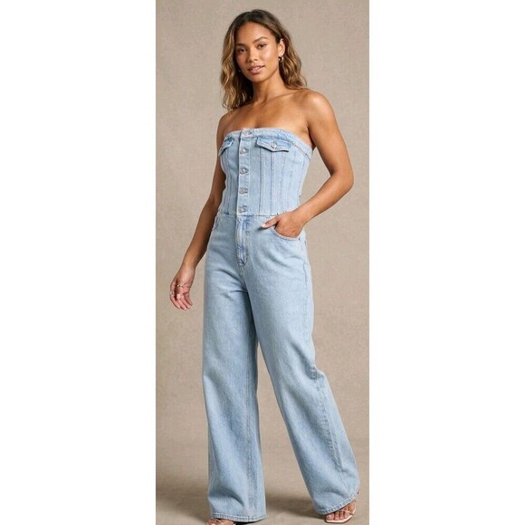 Express Pants - Express Denim Corset Wide Leg Jumpsuit Button Front Light Wash Size Large